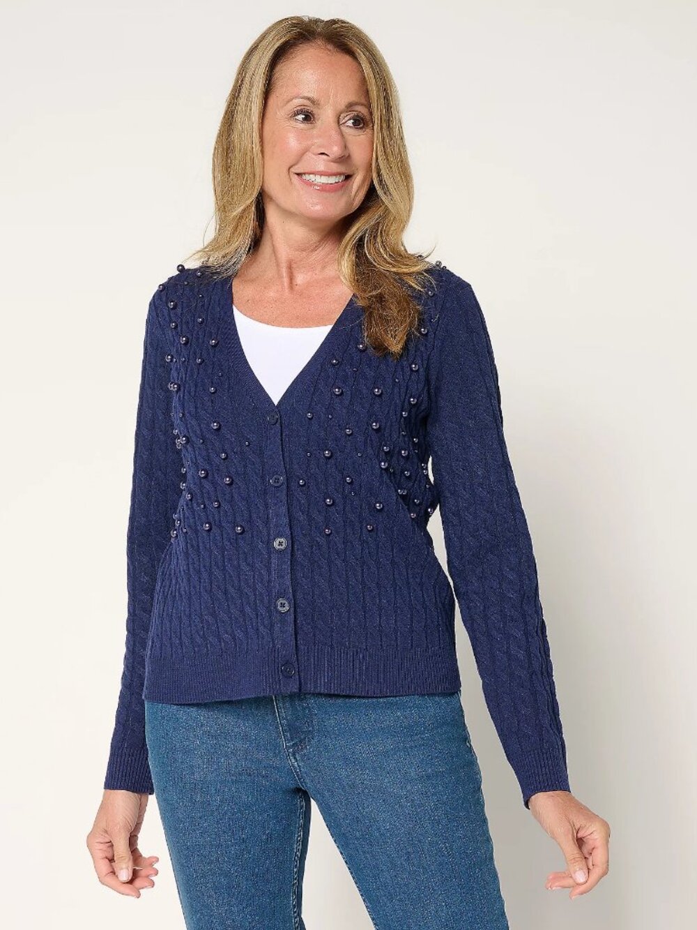 BEAUTIFUL by Lawrence Zarian The Annie Embellished Pearl Cardigan, Blue Sz M a67